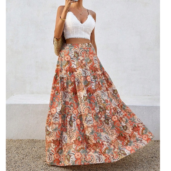 Boho Floral Print Crochet Back Tie Cami Crop Top maxi Skirt Set - Picture 4 of 6